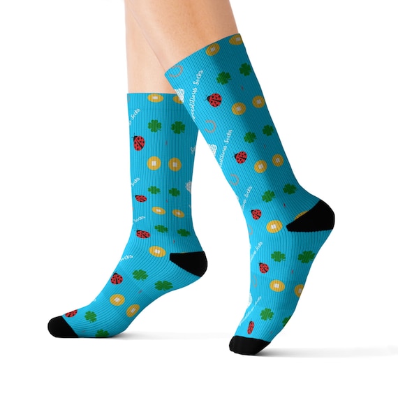 Superstitious Socks - Turquoise,  Lucky Shamrock Sublimation Socks, Fun Socks for Holidays, Everyday Wear, Great for Friends & Family