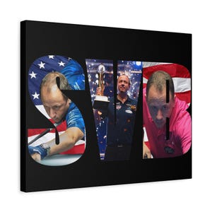 May include: Canvas art print featuring the letters "SVB" with images of a bald man in each letter. The "S" has an American flag background, the "V" shows the man holding a trophy, and the "B" has an American flag background.