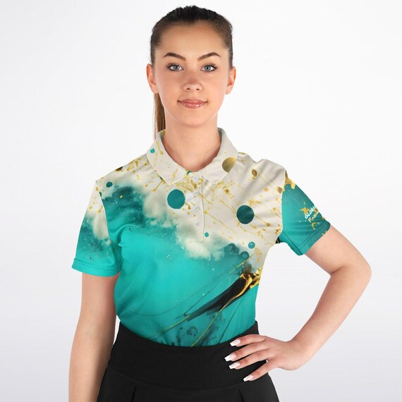 Gloria Jean's Teal and Gold Marbled Ladies' Polo, Fashion Fuzed