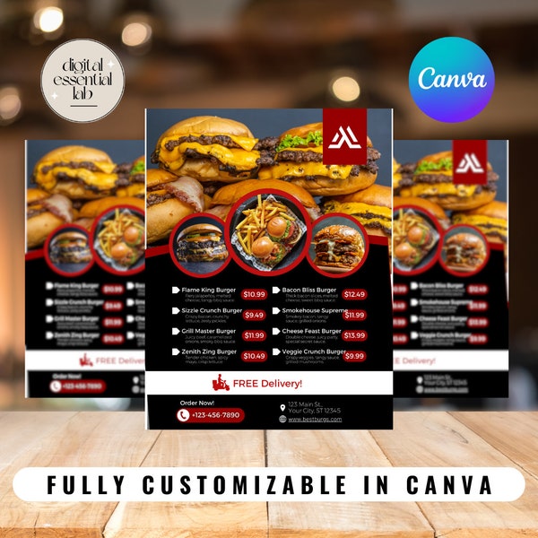 Editable Burger Menu Food Promotion Flyer Restaurant Quality Customizable in Canva
