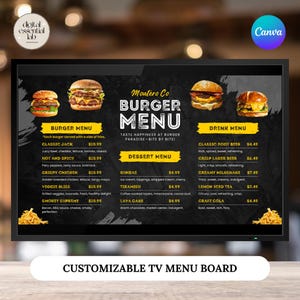 Digital TV Menu Board for Restaurant Burgers Food USB Fully Editable and Customizable with Canva DIY Template Instant Access