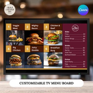 Tablero de menú de TV digital para restaurante, hamburguesas, comida, USB, totalmente editable y personalizable con plantilla Canva DIY, acceso instantáneo