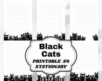 Cute Black Cat Stationery Set, 6 Printable A4 Lined Writing Paper Pages, Digital Download for Letters, Journaling, Notes