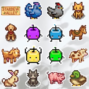 May include: A selection of pixelated stickers featuring characters and objects from the video game Stardew Valley. Includes a sign with the game's name, a blue chicken, a grey chicken, a cat, a dog, a purple apple, a blue apple, a horse, a goat, a yellow apple, a green apple, a cow, a rabbit, a cat, a pig, and a duck.