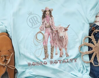 Cow-girl western avec taureau des cliparts, téléchargement numérique rose country girl, sublimation graphique cow-girl pour T-shirt, rodéo Royalty Western PNG