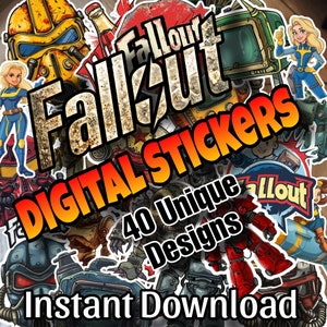 Könnte beinhalten: Ein digitaler Download von 40 einzigartigen Fallout-Stickern. Die Sticker zeigen Charaktere, Waffen und andere ikonische Elemente aus der Fallout-Videospielserie. Der Text "Fallout Digital Stickers" und "40 Unique Designs" ist in fetter, roter Schrift dargestellt. Der Text "Sofort-Download" ist in großer, weißer Schrift dargestellt.