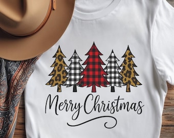 Merry Christmas Trees PNG, Leopard and Buffalo Plaid Sublimation Design, Festive Holiday Shirt PNG, Digital Download for Crafts & TShirts