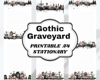 Halloween Gothic Briefpapier Set - 7 druckbare Designs, digitaler Download, gruseliges Briefpapier, Briefkopf mit gruselig süßem Schädel & Grab