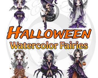 Conjunto de clipart caprichoso de Halloween: fadas em aquarela Chibi (download digital de PNGs para sublimação, adesivos)