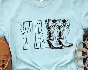 Western Cowgirl Boots with Bows PNG Y'all Sublimation & T-Shirt Design For Crafting