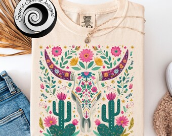 Western Floral Cow Skull, Boho Cowgirl Longhorn Skull PNG, Southwestern Wildflower Sublimation Shirt Design