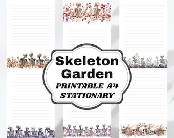 Skeleton Floral Briefpapier Set, Gothic A4 Digital Download, Schädel & Skelett Schreibpapier, Halloween Gruselige Cute Journal Seiten
