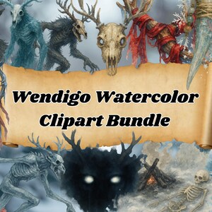 Puede incluir: Un paquete de arte digital con ilustraciones de acuarela de criaturas Wendigo. La obra de arte incluye varias representaciones de los seres míticos, calaveras y un pergamino con el texto "Wendigo Watercolor Clipart Bundle". La paleta de colores incluye tonos de azul, gris y marrón.