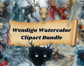 Wendigo Watercolor Clipart Set, 25 PNG Set Of Chilling Illustrations, Horror Forest Folklore Art Digital Download