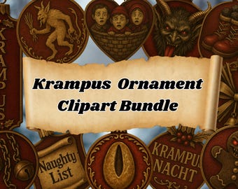 Può includere: Una collezione di clipart di ornamenti natalizi a tema Krampus, rossi e dorati. Gli ornamenti presentano varie immagini di Krampus, tra cui un volto diabolico, un omino di pan di zenzero e il testo "Krampus Ornament Clipart Bundle".