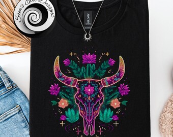 Neon Boho Bull Skull PNG, Southwestern Floral Digital Art for T-Shirt Sublimation, Crafts and POD Sellers