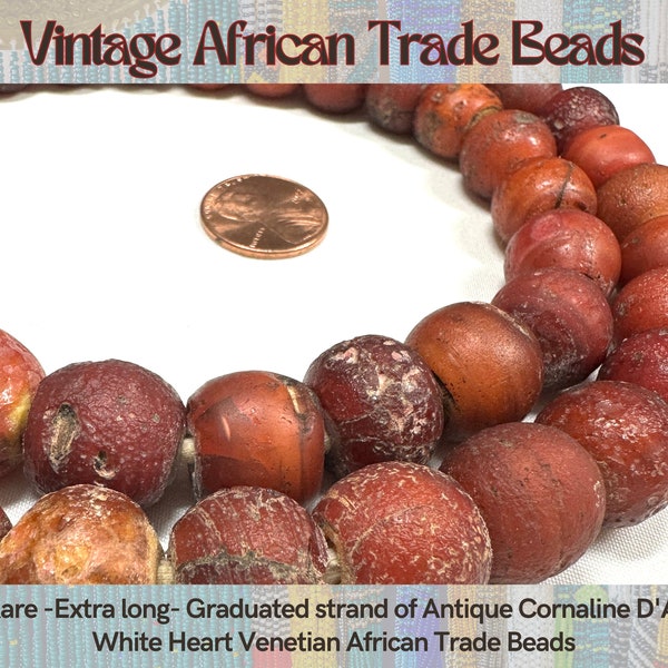 Very Rare -Extra long strand of Antique Cornaline D'Aleppo White Heart Venetian African Trade Beads