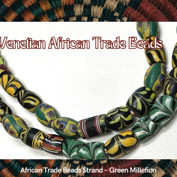 African Trade Beads Strand – Green Millefiori -Feather