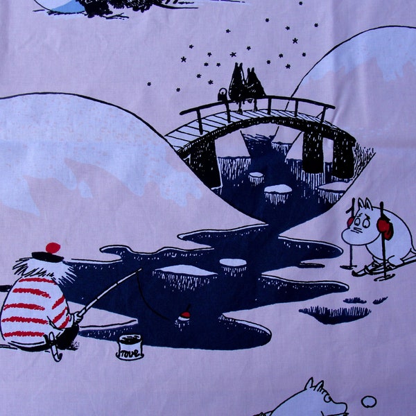 Moomin fabric cotton by Finlayson. Winter scenery Satumuumi. Tooticky, Mymble, Fillyjonk, nursery children Kids room, Finnish design