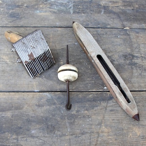 Vintage Weaving Tools, Beater Comb, Shuttle and Weight, 1950s, Wooden Tools from Turkey