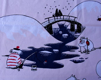 Moomin fabric cotton by Finlayson. Winter scenery Satumuumi. Tooticky, Mymble, Fillyjonk, nursery children Kids room, Finnish design