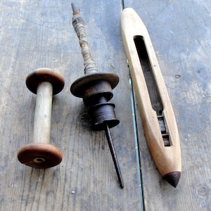 Vintage Weaving Tools, Spool, Shuttle and Weight, 1950s, Wooden Tools from Turkey
