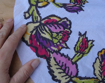 Vintage 1960s hand pressed fabric for Felting Projects, Applique, Craft Supplies, Floral Fabric