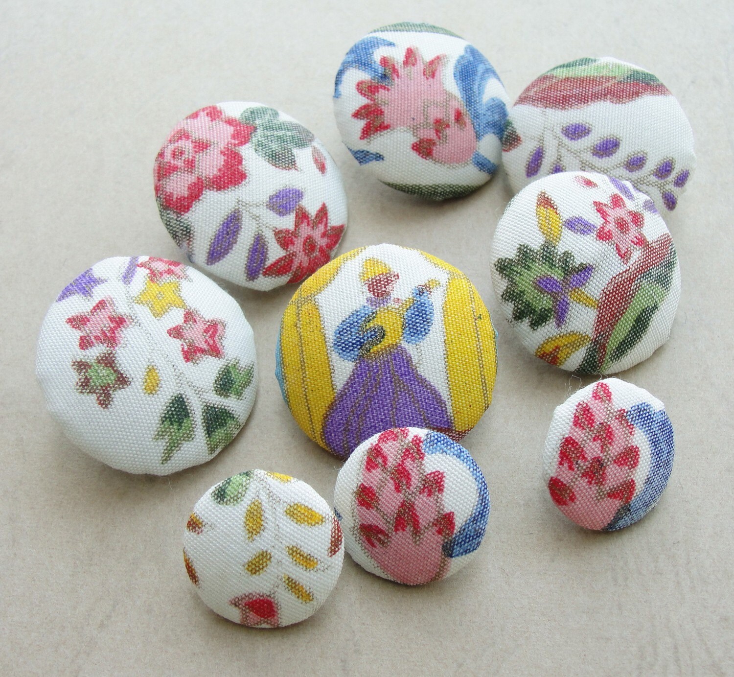Fabric Covered Buttons Vintage Hand Printed Silk 9pc Etsy