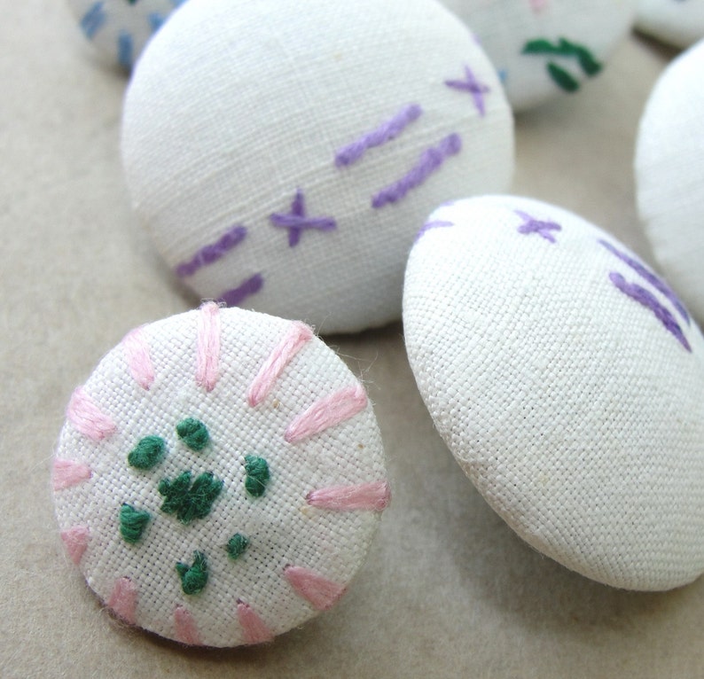 Fabric Covered Buttons Embroidered Cotton 8pc image 2