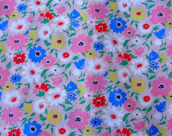 Vintage Style Floral Printed Muslin Rayon Fabric, Pink, Blue, Yellow, Green and White, 1 yard