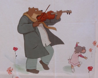 Violin Playing Bear print fabric with dancing mouse - Bedding Sheets cotton fabric, Fairytale nursery children Kids room