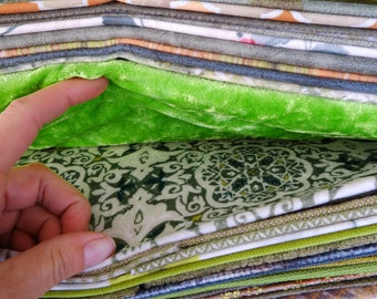 Large Destash lot Velvet, Chenille Fabric Stash in Shades of Green, Mustard, Floral for Patchwork and quilts