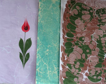 Handmarmoriertes Ebru Papier-Set: Türkische Kunst, Blumen, Herzen (50 x 35 cm)