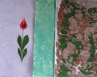 Hand Marbled Paper, Ebru Paper, Turkish Marbled Paper, Bookbinding Paper, Paper Art, Hearts, Flowers, Comb Technique, #8 Set of 3, 50x35 cm