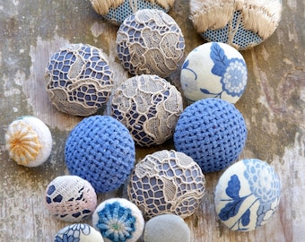 Fabric Covered Buttons - Hand Embroidered Vintage Cotton and Lace Buttons - 16pc