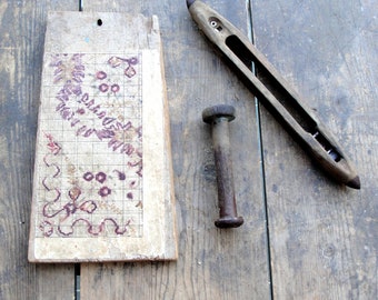 Vintage Weaving Tools, Spool, Shuttle and Pattern, 1950s, Wooden Tools from Turkey