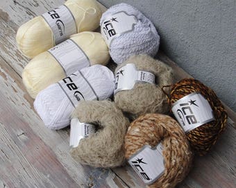 8 balls of wool/ Acrylic Mixed lot, DK weight Yarn, Super Bulky Tweed Yarn, Art Yarn, Knitting projects Beige, Brown, Cream