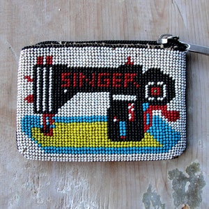 Monedero de cuentas vintage, máquina de coser Singer Abalorios, Monedero Monedero Cartera Vintage hecho a mano con cuentas 1960
