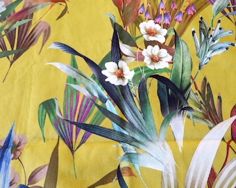 Botanical Design Yellow Floral Upholstery Fabric, Sturdy Cotton fabric, Yellow Upholstery, Leaves and Flowers