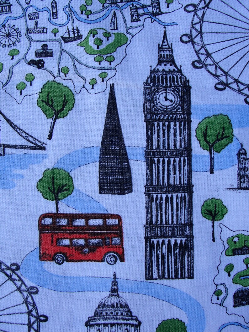 London Map Printed Cotton Fabric Big Ben, Tower Bridge, Westminster