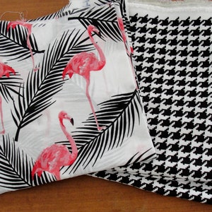 Flamingoes and Pied de Poule Fabric Cotton Houndstooth Black, White Pink 2 pieces