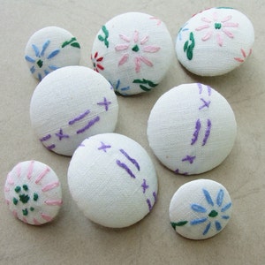 Fabric Covered Buttons Embroidered Cotton 8pc image 1