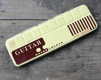 Aquarelverfdoos vintage gitaarmerk: 18 kleuren, verzamelblik