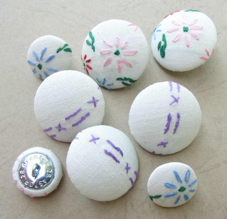 Fabric Covered Buttons Embroidered Cotton 8pc image 4