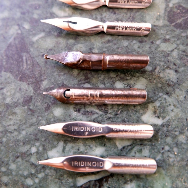 6 vintage Iridinoid Reservoir Pen Nibs, E.S.Perry, Hiro, Turkish Government, Brause co Calligraphy pens