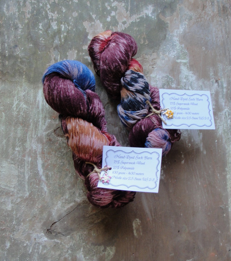2 skeins of Wool Polyamide Mix Yarn Art Yarn Stitch mark Purple Colors Knitting projects Ombre Hand Dyed Sock Yarn