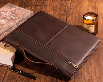 Men's Vintage Genuine Leather Portfolio, A4 Notebook Folder, Business Handbag, Custom 13" iPad Pro Case, Padfolio Storage, Personalized Gift