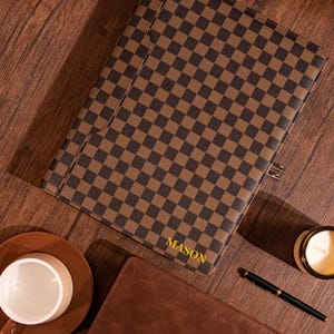 Refillable 3-Ring Leather Portfolio Planner, Journal Binder, A4 Padfolio Zipper, Checker Pu Leather Portfolio, Personalized Gift for Her