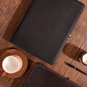 14" duże czarne skórzane portfolio Crazy Horse z zamkiem błyskawicznym, 3-ringowy skórzany uchwyt na notatnik, organizer Padfolio dla mężczyzn, prezent na ukończenie szkoły