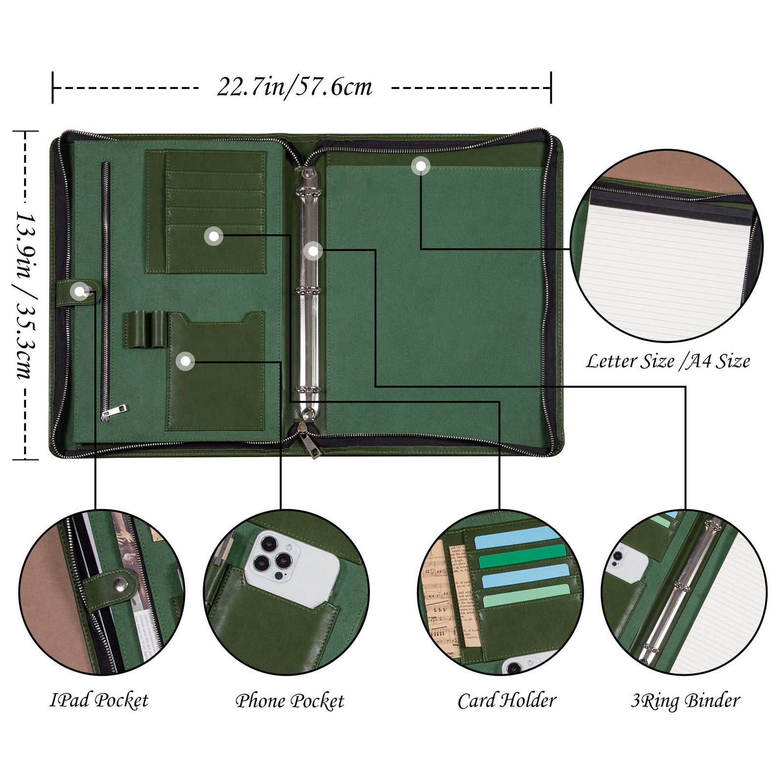 Men's 3-ring Binder Green Vegan Leather Portfolio for Her, A4 ...